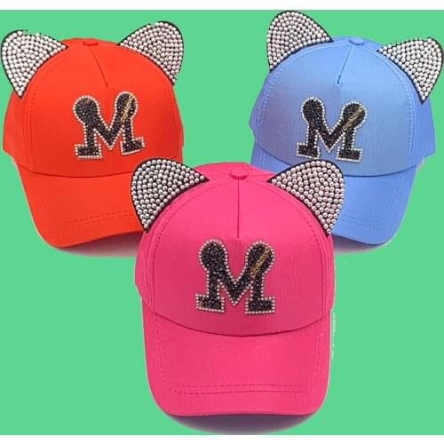 Childrens Hat Cute Ear Sequined Baseball Cap Snapback Bone Kids Cap Boys Girls Rhinestone M Cap