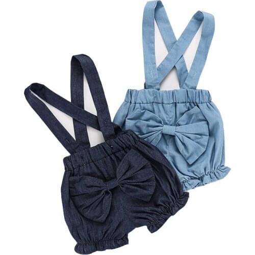 Children Overalls Summer Ruffles Shorts Big Bow Denim Cotton Panties 0-1-2-3T Jumpsuit Clothes Princess Girls Trousers Pants NEW