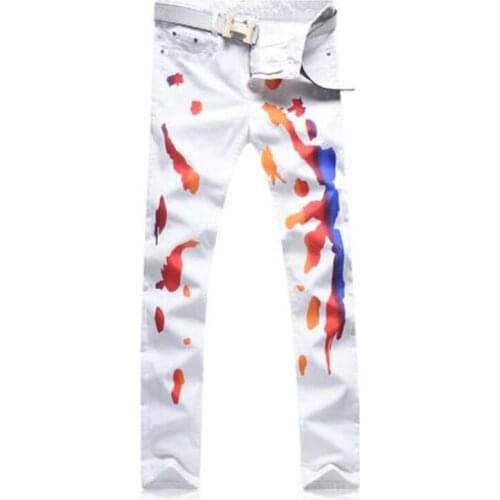 New Mens male fashion fashion colored painted white print jeans Casual slim stretch denim pants trousers