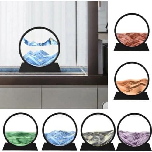 12" Moving Sand Art Picture,3D Deep Sea Sandscape in Motion Display Round Glass Grit Photo Hourglass Flowing Sand Frame