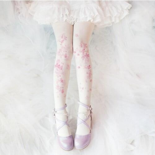 80 d Antique lolita cherry blossom put pantyhose lolita 's female is printed silk stockings girl everyday render socks