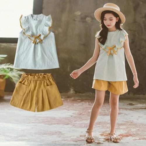 Korean Girl Suit Summer Clothing Sets Sleeveless Agaric Laces Tops+Shorts Outfits 2021 New Kids Children Clothes Size 4 To 12Yrs