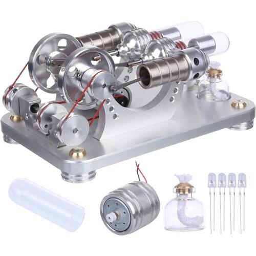 Metal Double-Cylinder Parallel Stirling Engine Model Electric Generator Micro External Combustion Engine Model - Bright Silver