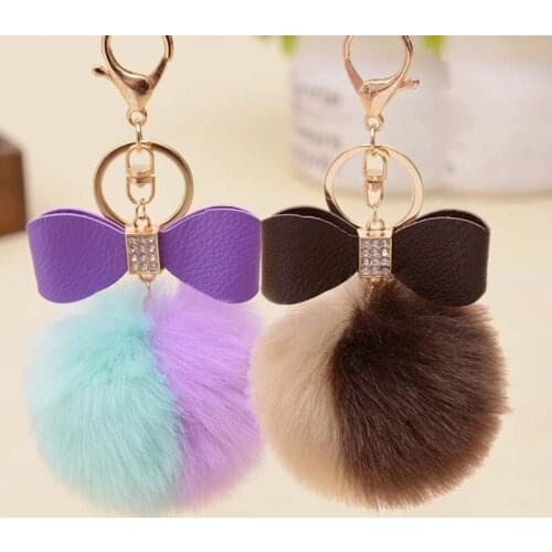 Cute Fluffy Fur Ball Key Chain Lovely Artificial Fur Pom With Bow Hanging Pendant For Women Girls Bag Key Ring Holder Keychain