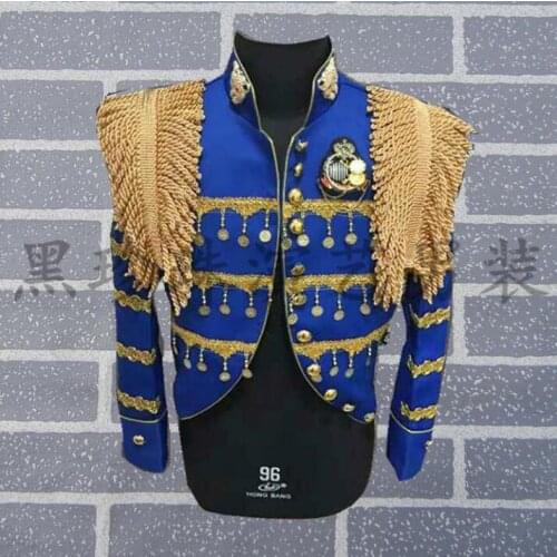 Stand collar men suits designs masculino homme terno stage costumes for singers men blazer dance clothes jacket style dress blue