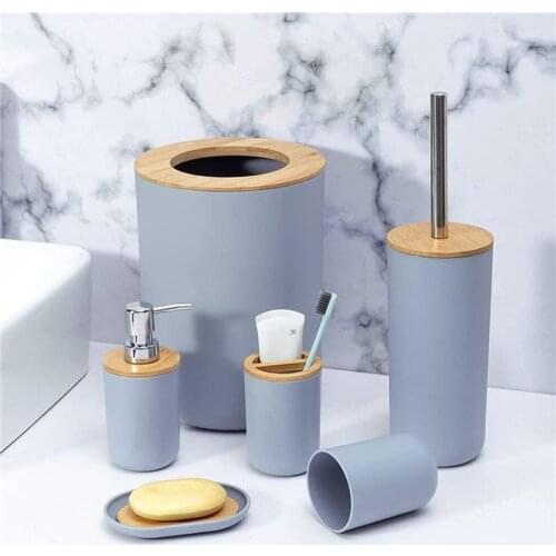 Bathroom Accessories Set Bamboo Plastic Bathroom Kit Toothbrush Cup, Soap Dispenser, Soap Dish, Toilet Brush Holder,Trash Can
