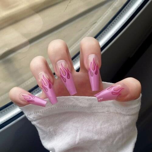 24pcs Pink Flame Printed Nail Patch Glue Type Removable Super Long Paragraph Fashion Manicure False Nail Patch Nail Sticker