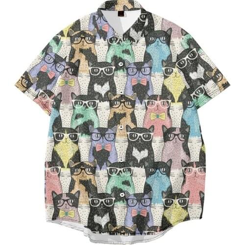 2021 New cute Cat animal Colorful Mens Shirt Hawaiian Shirt 3D Print Summer Casual Beach Shirts Short Sleeve oversize Custom