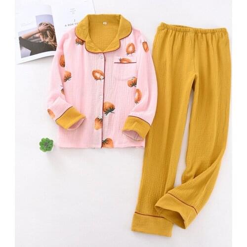 Autumn Hot Sell Cotton Crepe Long Sleeves Lady Nightie Strawberry Spell Color Loose Homewear Fashion Cartoon Women Pajamas Set