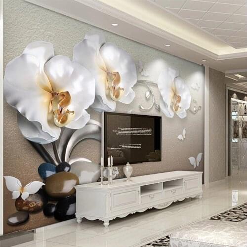 Custom Mural Wallpaper Flower Modern Fashion 3D Stereoscopic Relief Butterfly Orchid TV Background Wall Decorations Living Room