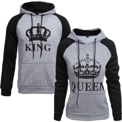 KING Queen Pullovers Crown Print Unisex Men Women Autumn Hoodies Sport Slim Sweatshirt for Couple Lovers Light Patchwork Hooded