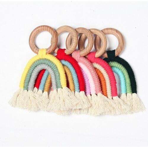 Rainbow Newborn Baby Teether Crochet Wood Ring Baby Pacifier Teething Toy Natural Cotton Teething Toy Gender Neutral Baby Toy