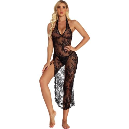 Sexy Lingerie Lace Dress Red Black Long Lace Gown S-6XL Halter and Side Split Transparent Dress