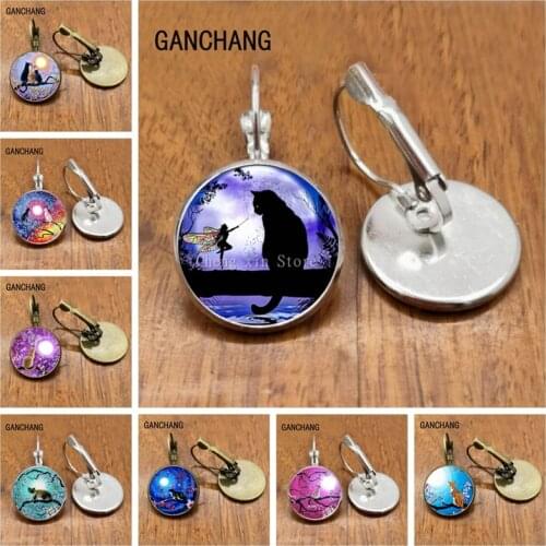 Fairy and black cat photo art picture cabochon glass earrings cat glass earrings in the moonlight