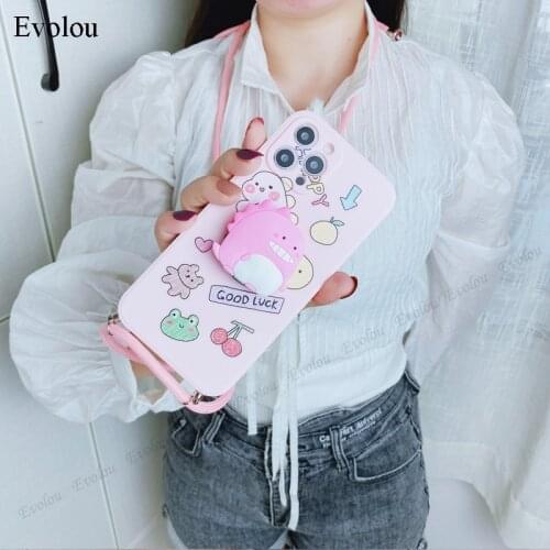 Strap Cord Chain Lanyard Case For iphone 12 Pro Max 11 XR XS SE 2020 3D Cute Dinosaur Holder Silicone Cover For iphone 8 7 Plus