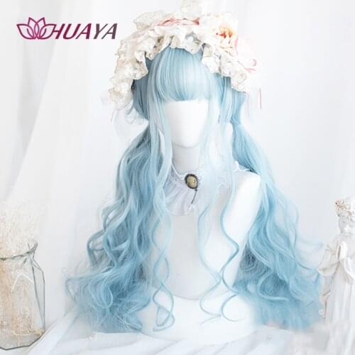 HUAYA Long Wavy Curly Hair Heat Resistant Synthetic Wig Lolita Girl Cosplay Wigs With Bangs Cream Blue Colored False Hair