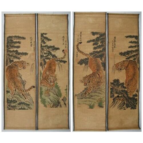 Old Chinese calligraphy scroll painting Hand Painted 4 Tiger painting
