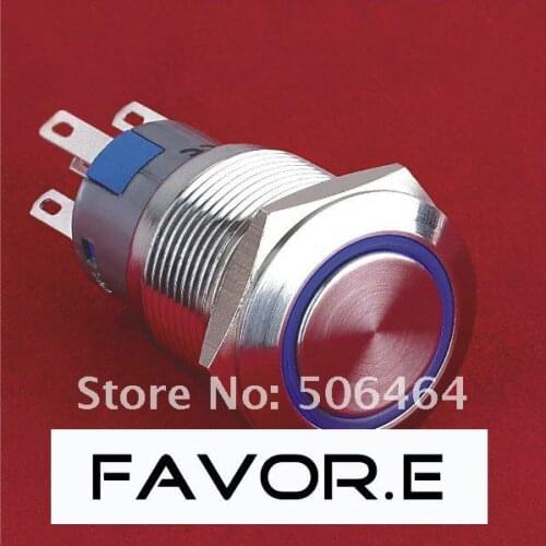 * LED Stainless steel 19mm IP67 5A/250VAC ring 1NO 1NC AUTO-LOCK latching metal weather protected Push Button Switch Flat round
