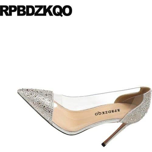 High Heels Big Size Fashion Brand Women Shoes 2021 8cm Clear Crystal Pointed Toe Diamond Pumps Thin 10 42 Silver Transparent