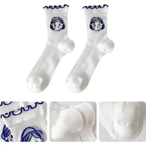 H9ED Women Summer Sheer Glass Fiber Short Ankle Socks Sweet Cartoon Japanese Lolita Girl Jacquard Pattern Ruffle Hosiery