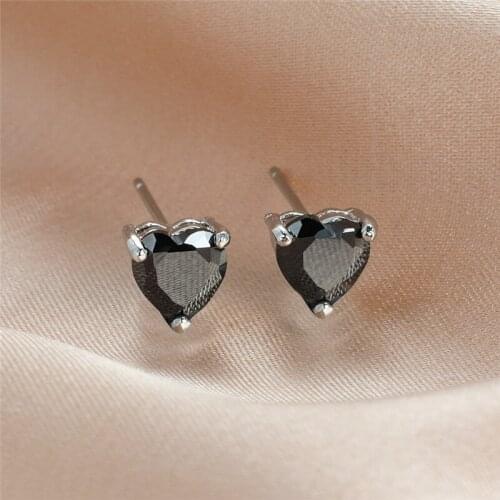 Black Heart Stone Small Stud Earrings For Women Vintage Cute Earring Wedding Jewelry Fashion Crystal Zircon Silver Color Earring