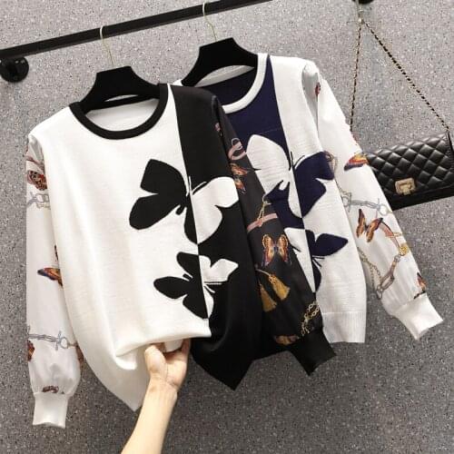 Spring Oversized Sweater Women 2021 Elegant Knitted Basic Pullovers O Neck Loose Soft Female Butterfly print Jumper clothing big