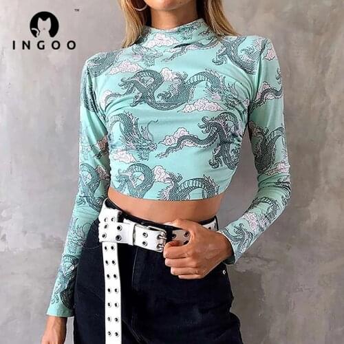 INGOO Sexy Long Sleeve Printed Stretch Badycon Crop Top Women Y2K Backless Bandaged Slim Short T-shirt Fashion Casual Streetwear