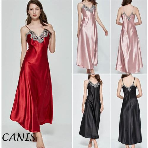 Women Sexy V-neck Spaghetti Strap Satin Silk Lace Lingerie Pajama Night Dress Long Nightgown Sleepwear