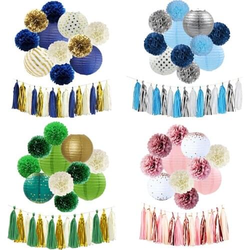27PCS/ Set Paper Lantern Pom Poms Tassel Garland Kit Round Lantern Paper Flower Birthday Party Baby Shower Wedding Decoration