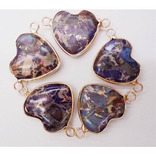 5Pcs 27x15x6mm Alloy Serging Purple Sea Sediment Jasper & Pyrite Love Heart Pendant DIY Jewelry Bracelet Accessories M466