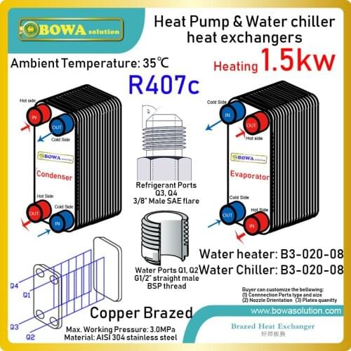 5000BTU R407c condenser and evaporator in 3-in-1 heat pump water chiller to produce chilled water and hot water