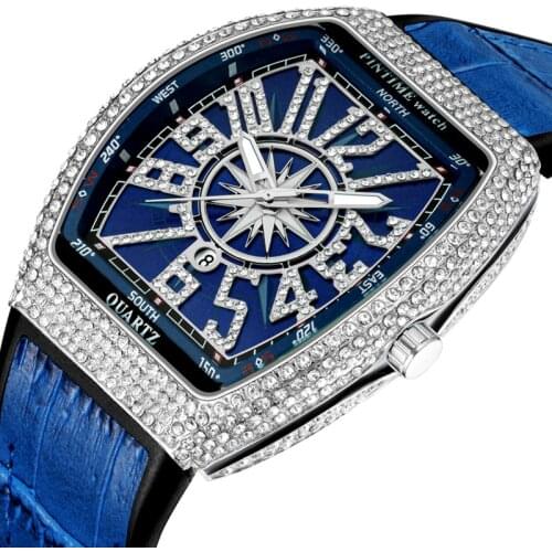 Mens Iced Out Watches Top Diamond Luxury Leather Hip Hop Watch Men Military Quartz Clock Relogio Masculino Reloj Hombre Montre