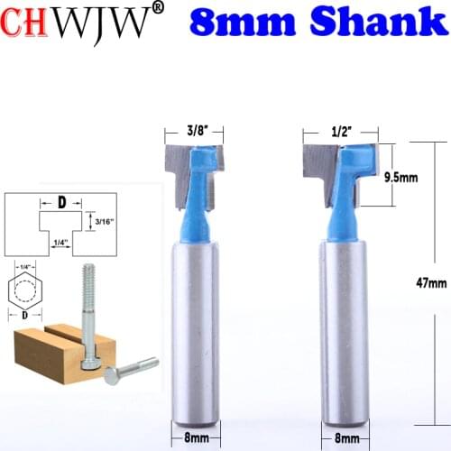 CHWJW 2PC 8mm Shank T-Slot Cutter Router Bit for 1/4" Hex Bolt 9.52,12.7mm Diameter Wood Cutting Tool