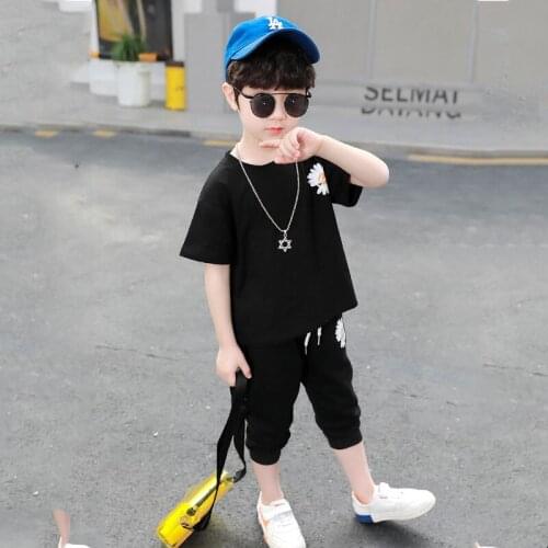 Kids boys sports suit 2pcs daisy print short-sleeved T-shirt five pants summer new big virgin suit