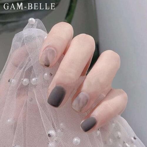GAM-BELLE Matte Dark Gray Blooming Fake Nails Full Cover Square Artificial Short Press On Nails Decoration Beauty Nail Tips