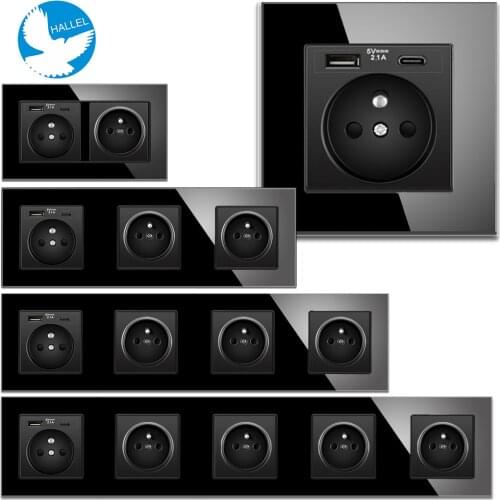 Multi Frame French Power Socket USB Type C 2100mA Fast Charge Out , Crystal Black Panel Français EU Socket 110-250V 16A Grounded