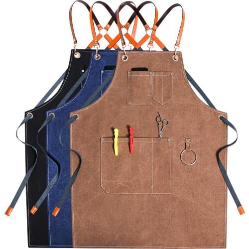 Solid Denim Hairdresser Apron Cooking Baking Pocket Coffee Pinafore canvas Apron For Kitchen Accessories Cafe House Cleaning Bib