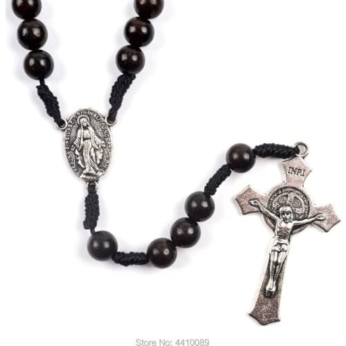 Black Wood Rosary Round Bead Alloy Cross Customized Necklace