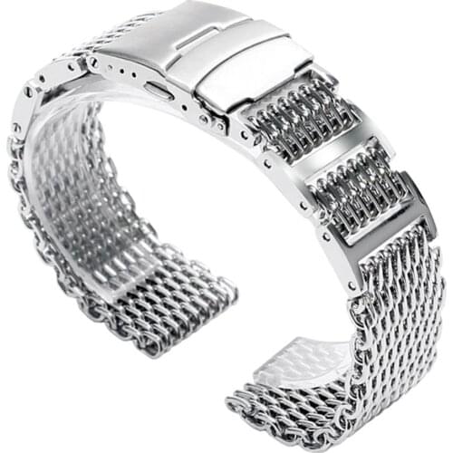Luxury 20/22/24mm Stainless Steel Watchband Shark Mesh Replacement Metal Foldin Watch Strap with Safety Silver 2 Spring Bars