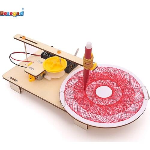 Kids Creative DIY Assembled Wooden Electric Plotter Kit Model Automatic Painting Drawing Robot Science Physics Experiment Toy