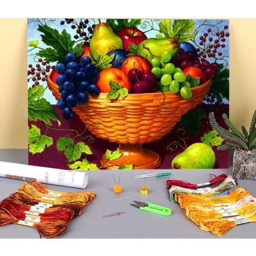Fruit Printed Fabric 11CT Cross Stitch Embroidery Complete Kit DMC Threads Handmade Sewing Handiwork Needlework Home Adults