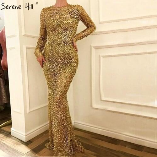 Long Sleeves Gold Fashion Luxury Evening Dresses Beading Pearls Mermaid High-end Sexy Evening Gowns 2020 Serene Hill BLA6458