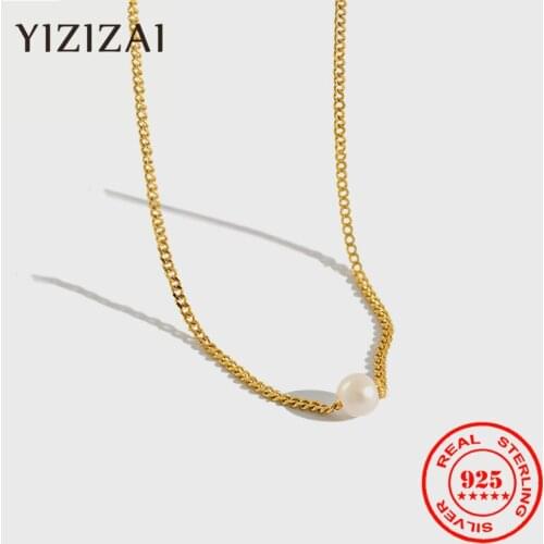 YIZIZAI Classic Real 925 Sterling Silver Simple Short Clavicle Chain Pearl Pendant 18K Gold-plated Necklace Fine Jewelry