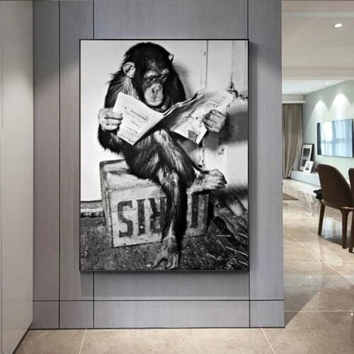 Funny Monkey Business Poster and Print On The Wall Reading Newspaper Painting Washroom Restroom Decor Black White Art Picture