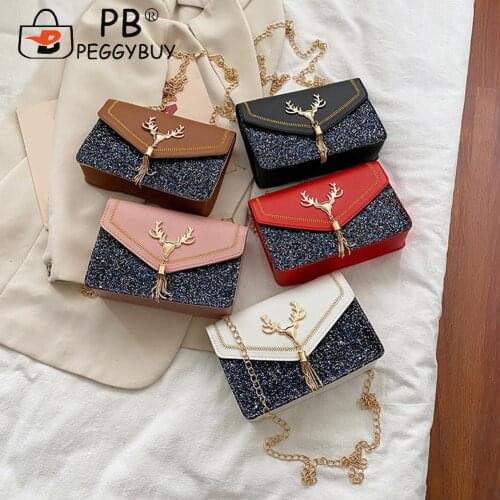 Ladies Bags with Contrast Sequin Antlers Designed Small Mini Handbags PU Leather Shoulder Crossbody Handbags