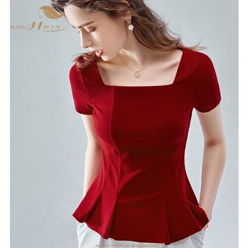 SISHION Cotton Vintage Tops for Women VD1467 Square Neck Red White Summer t shirt for women