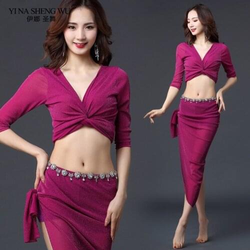 Belly Dance Half Sleeve Shirt Exercise Clothes New Set Of Mesh Silver Split Skirt Female Competition Costumes Top Skirt Belt