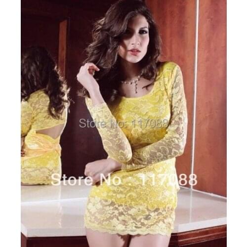 ML17790 Free Shipping Yellow Elegant Mini Lace Dress for Women Sexy Party Dress