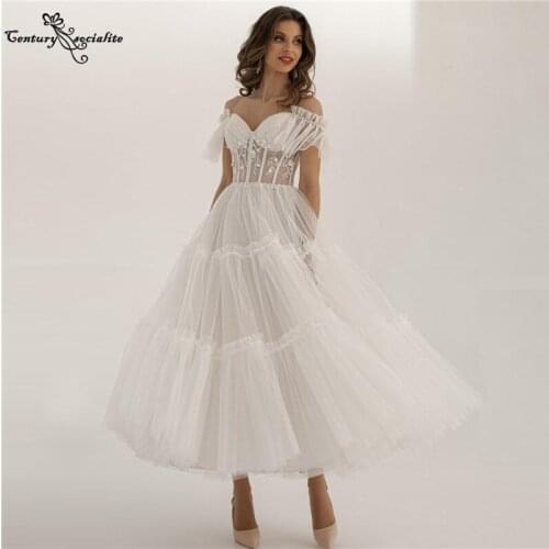 Beach Wedding Dresses 2021 Pearls Lace Appliques Ankle Length A-line Corset Back Boho Bride Dress Bridal Gowns Vestido De Noiva