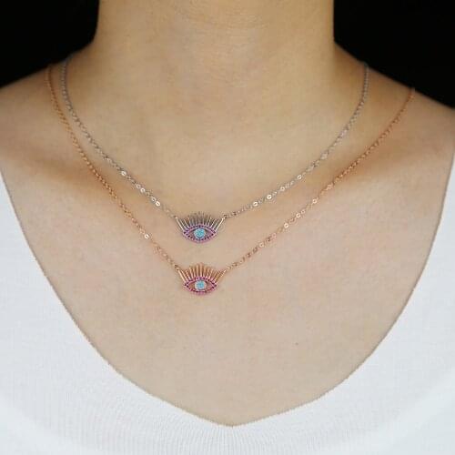 Lucky fashion eyelash necklace 100% real 925 sterling silver necklace chic turkish evil eye purple cz colorful silver necklaces